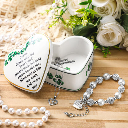 FoldTier 3 Pcs First Communion Gifts Cross Necklace First Communion Bracelet Irish Shamrock Jewelry Keepsake Box Precious Baptism Christening Gifts