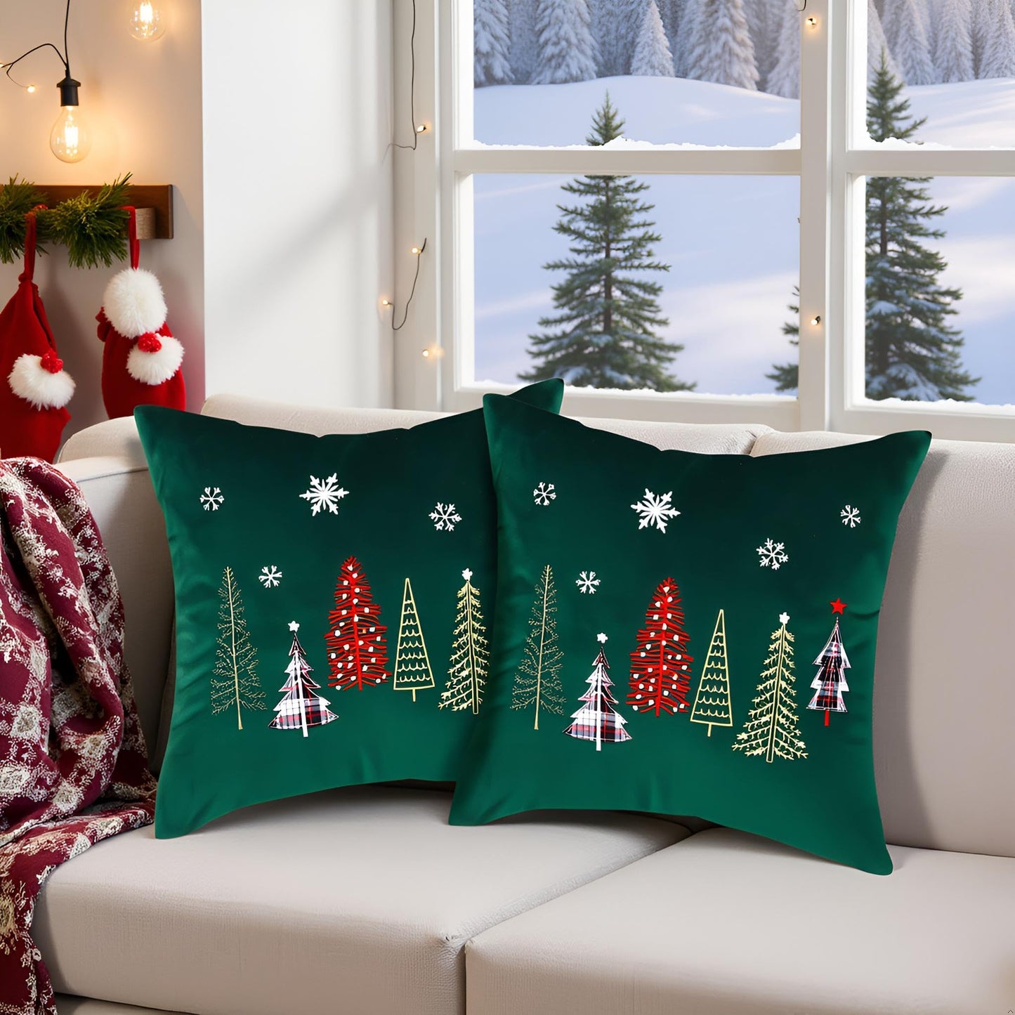 Tosleo Christmas Pillow Covers 18x18 Set of 2 Xmas Trees with Snowflake Embroidery Throw Pillow Covers Christmas Dec Velvet Pillowcases Forest Green Cushion Pillow Cases Soft Square Holiday Pillowcase