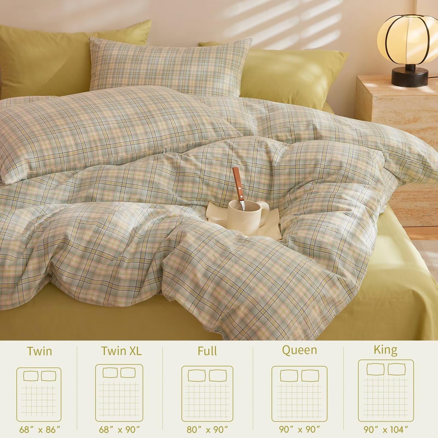 AMZTOP Queen Size Duvet Cover Set 100 Cotton,1 Duvet Cover and 2 Pillowcases,Green Plaid Comforter Covers Bed Set for All Season,Chic Simple Soft Breathable Queen Bedding 90"×90"