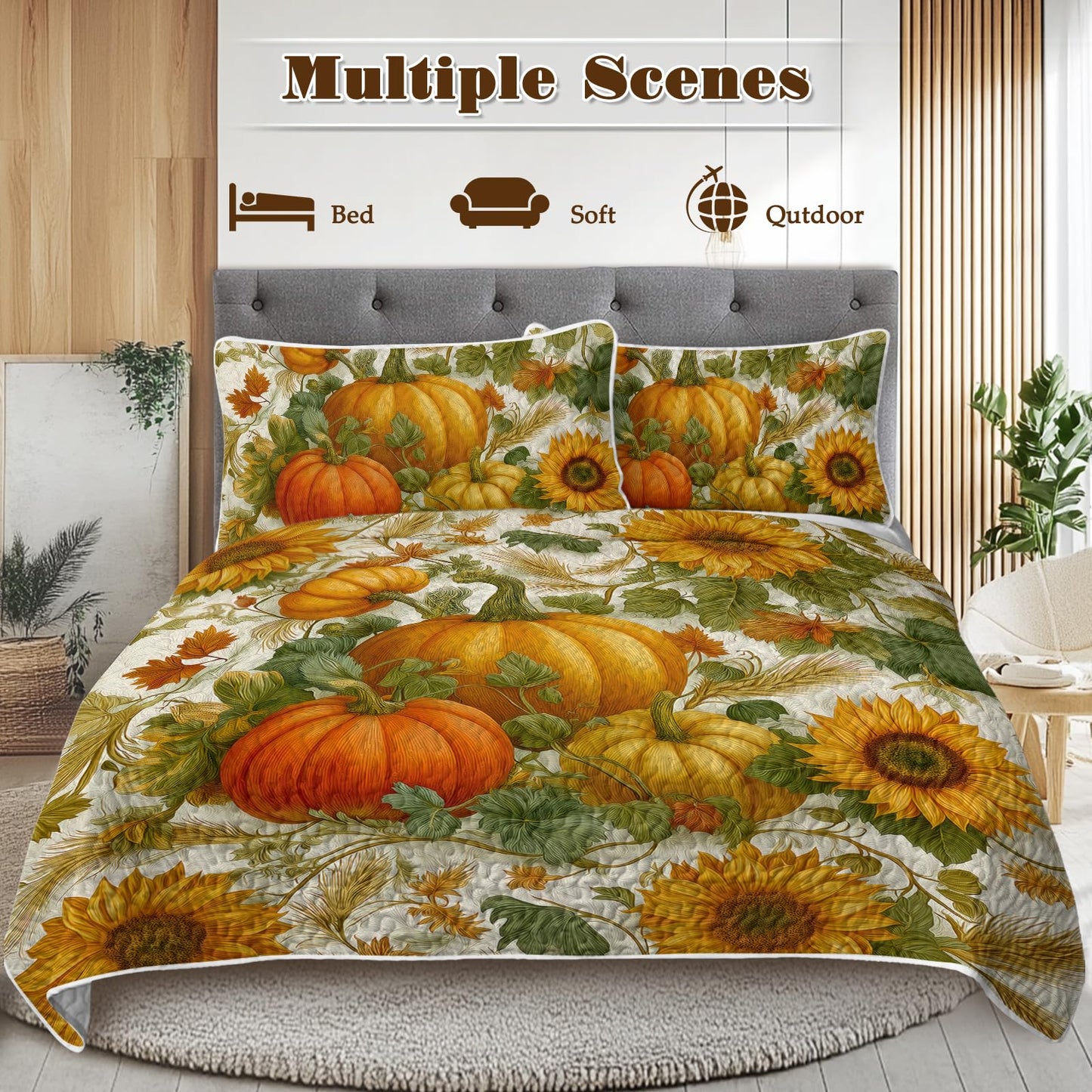 BlessLiving 3-Piece Fall Quilt Set King Size, Soft Microfiber Lightweight Pumpkin Mushroom Pattern Bedspreads Coverlets Bedding Set with 2 Pillow Shams for All Seasons, Autumn Bed Cover for Adults