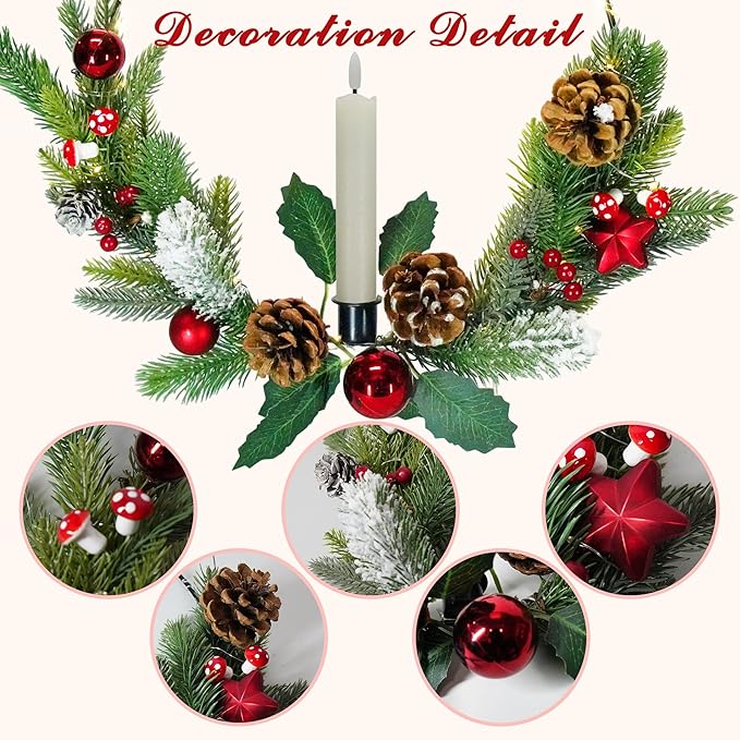 2Pack Christmas Wreaths for Front Door with Lights & Flickering LED Taper Candles & Remote, 16'' Windows Wreaths, Fireplace Christmas Decorations - Red