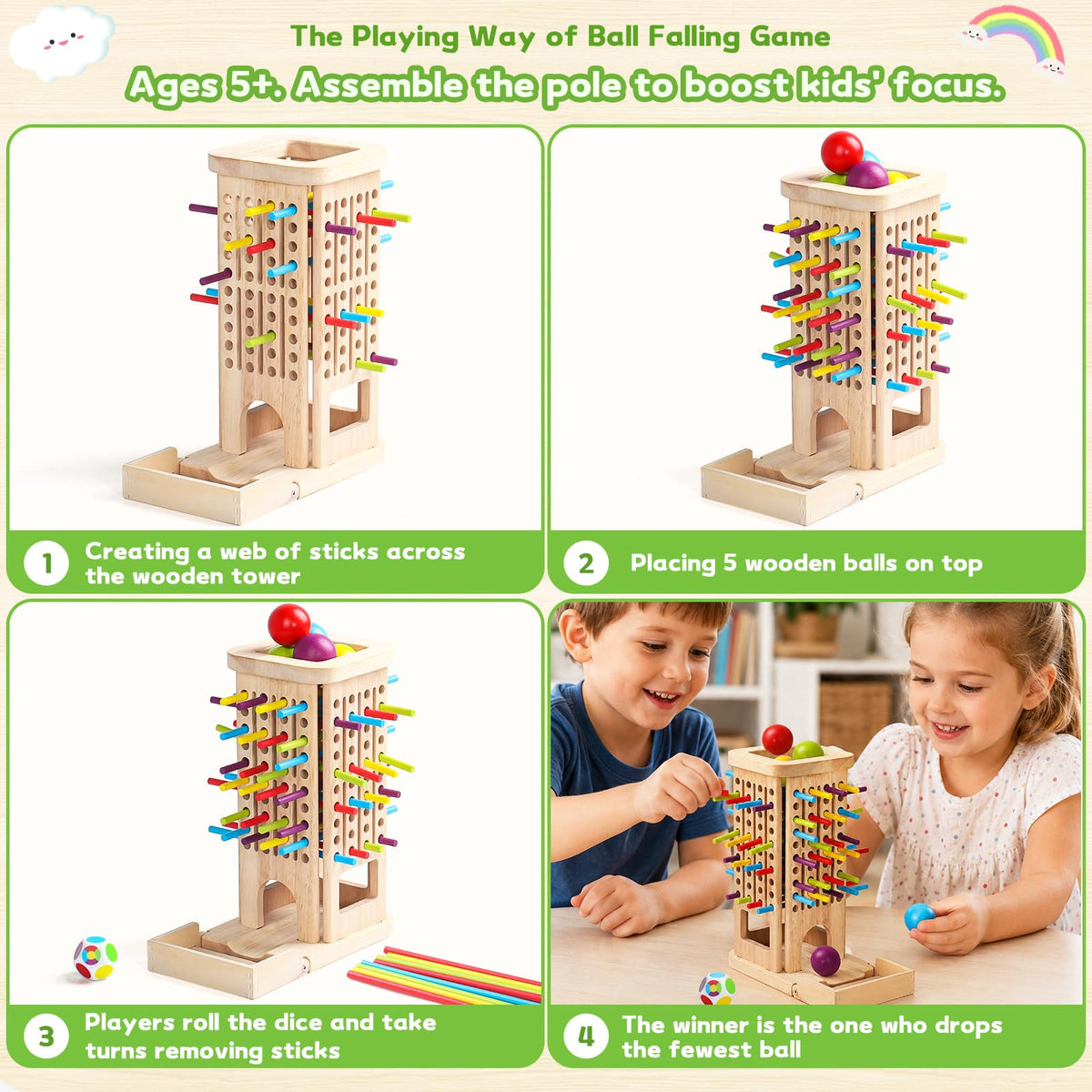 Montessori Toys for 3 Year Old, Wooden Board Game Pick Up Sticks Ball Drop