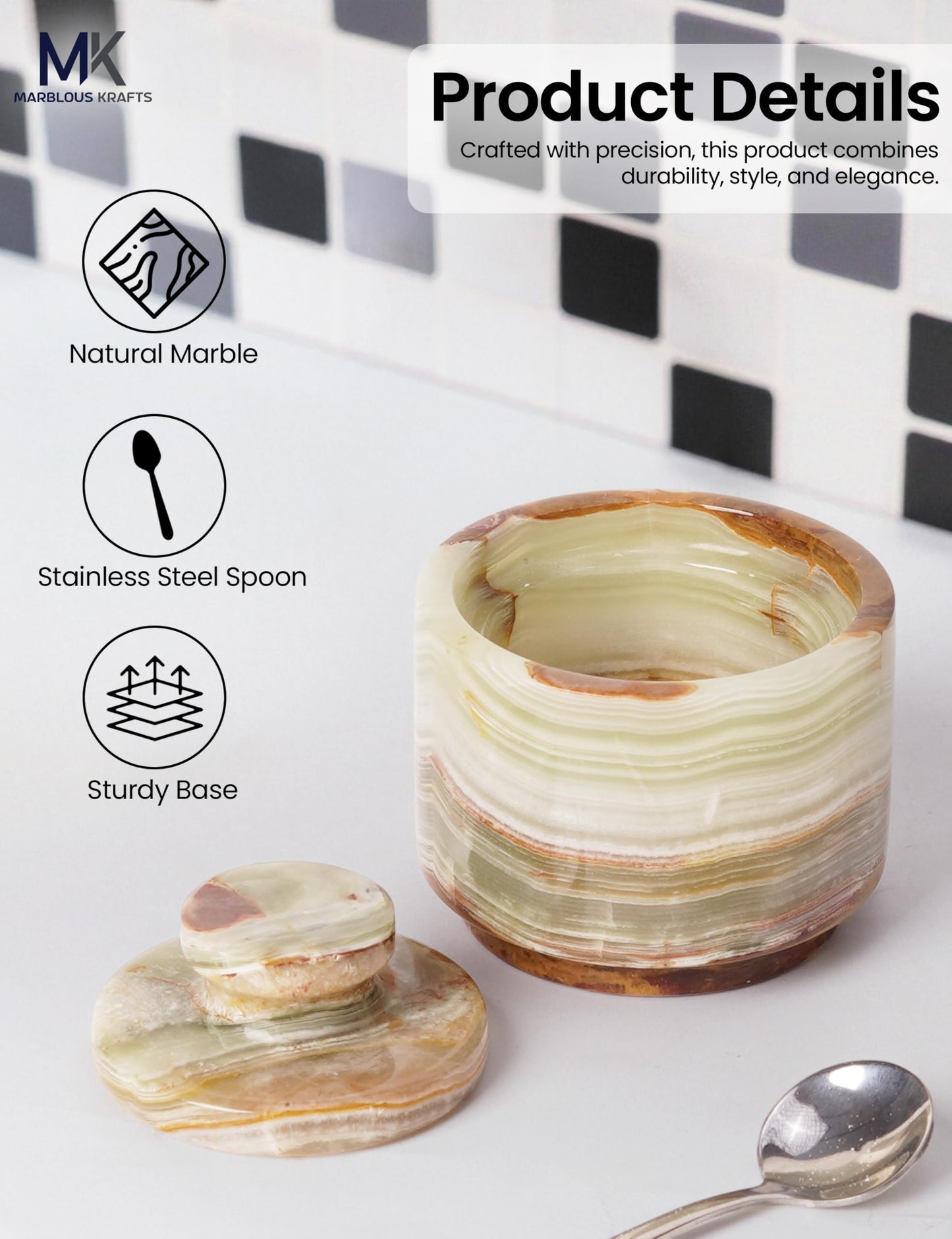 MARBLOUS KRAFTS Marble Salt Cellar with Lid and Spoon 3" Inch Green Stone Salt Dish for Kitchen Countertop Storage, Small Set of 2 Seasoning Containers, Spice Jars, Sugar Bowl