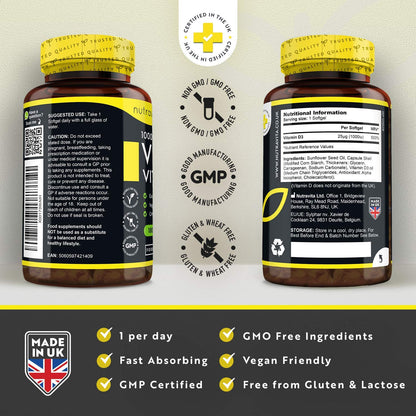 Vegan Vitamin D 1000iu (25ug) - Plant-Based Vitamin D3 Softgel Capsules Derived from Lichen - Maintenance of Healthy Immune System, Muscles, Bones & Teeth - 180 Softgels - Made in The UK by Nutravita