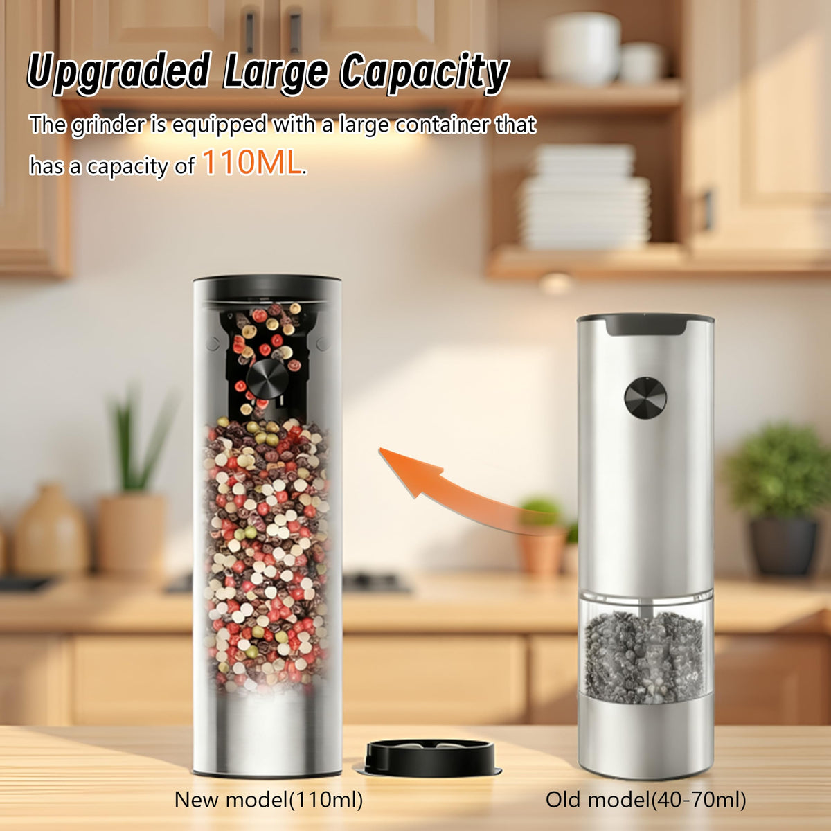 Candlejeeft Electric Salt and Pepper Grinder Set,Rechargeable,Adjustable Coarseness,LED Light with Dual Charging Base,110ml Upgraded Large Capacity,Top-Refill,Stainless Steel Automatic Pepper Shakers