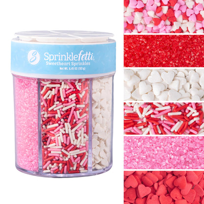 Sweets Indeed Valentines Sprinkles 6-Cell Jar | Heart Sprinkles, Red White Pink Jimmies & Sanding Sugar | Baking & Decorating | 6.45 ounces