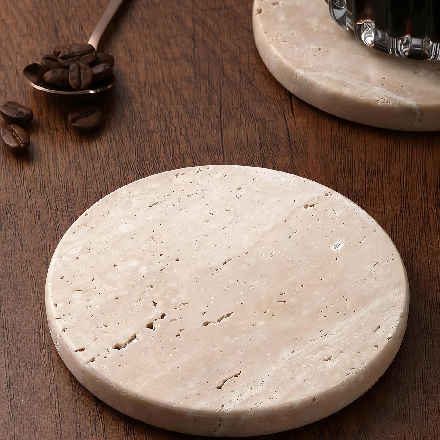Huazzzyi Beige Travertine Coasters Set of 4 – Natural Absorbent Round Stone Coasters with Storage Rack, Handmade Marble Coasters for Coffee Bar, Dining Table, Housewarming Gift