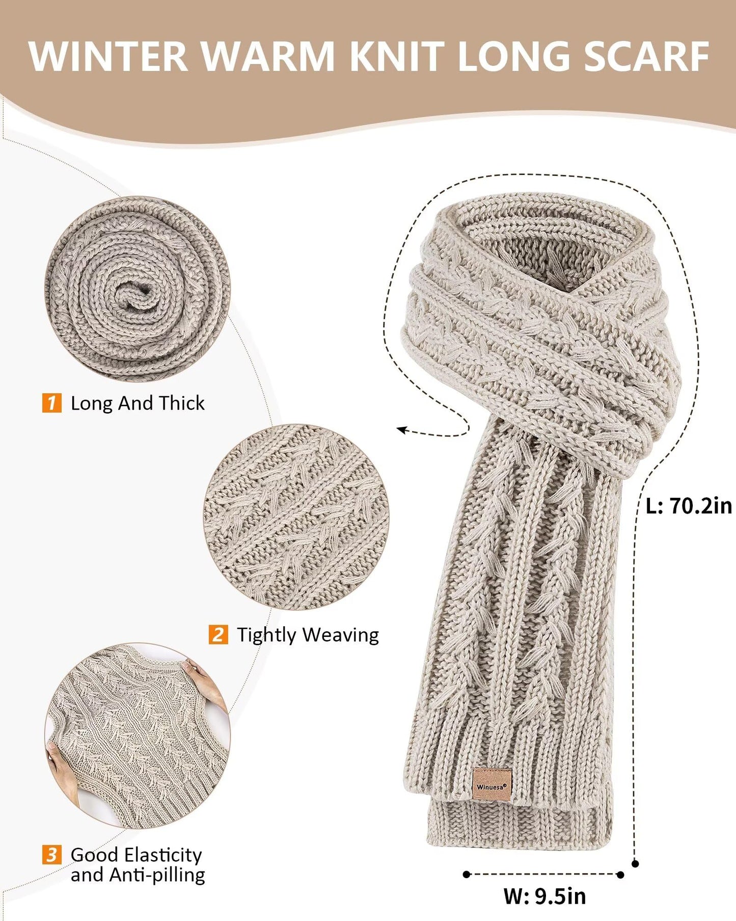Womens Beanie Hat Scarf Gloves Set, Soft Fleece Lined Winter Hat with Pom Pom, Long Knit Scarf Neck Warmer Touchscreen Gloves for Cold Weather, 3 in 1 Warm Set Stocking Stuffers for Women(Oatmeal)