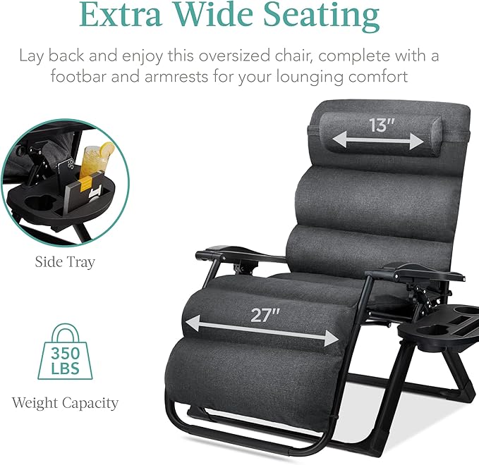 Best Choice Products Oversized Zero Gravity Chair, Folding Outdoor Patio Recliner, XL Anti Gravity Lounger w/Removable Cushion, Cup Holder, Side Tray, 350lb Capacity - Fossil Gray