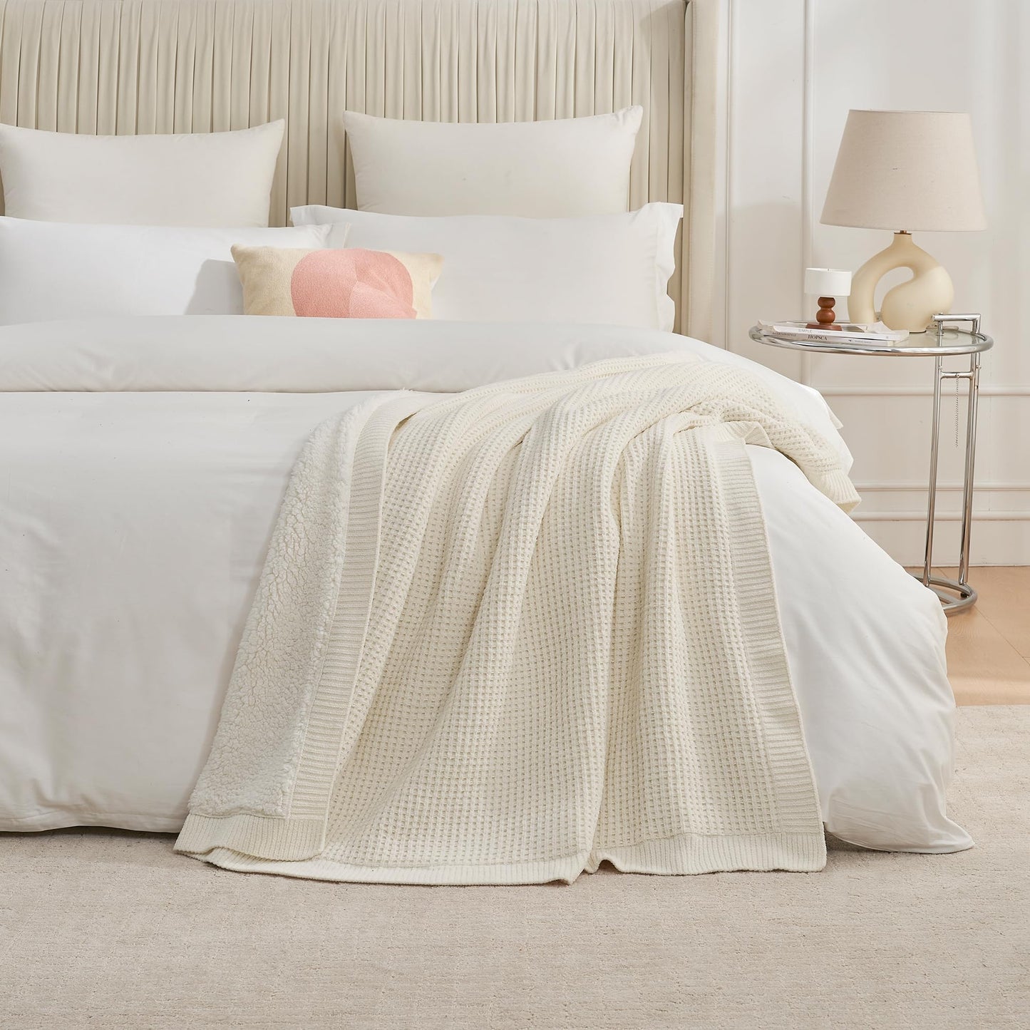 Amélie Home Reversible Waffle Weave Throw Blanket, Chenille Knit with Warm Sherpa, Soft Cozy Blanket for Couch, 50"x60", Ivory