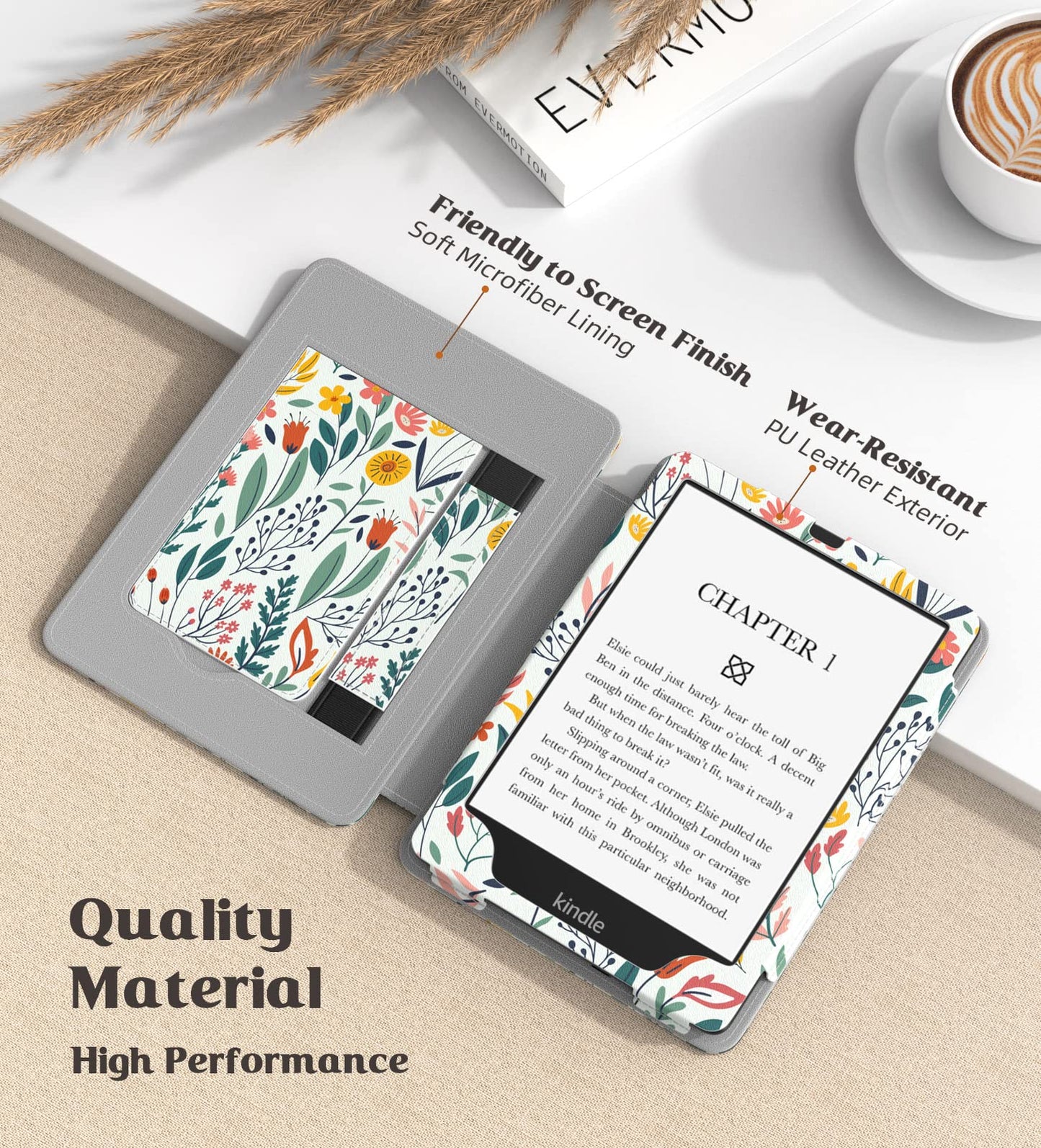 MoKo Case for 7" Kindle Paperwhite (12th/11th Gen-2024/2021) & Colorsoft Signature Edition, Slim PU Shell Cover with Auto-Wake/Sleep, Flowers