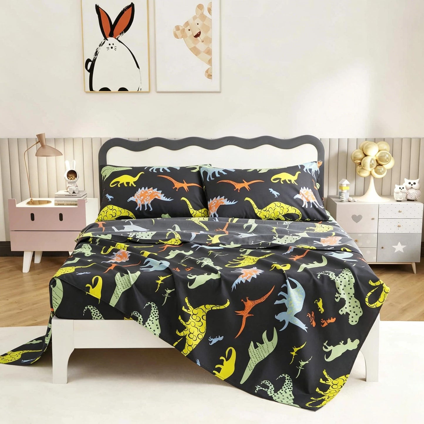 SDY 4 Pieces Dinosaur Sheets Full, Cartoon Dinosaur Full Size Sheets for Boys, Girls, Kids and Toddler, Bed in A Bag Packaged with 1 FittedSheet+ 1 Top FlatSheet + 2 Pillowcases