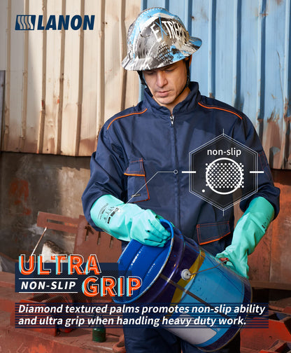 LANON Nitrile Chemical Resistant Gloves, Reusable Heavy Duty Safety Work Gloves, Acid, Alkali and Oil Protection, 18" Length, Non-Slip, X-Large