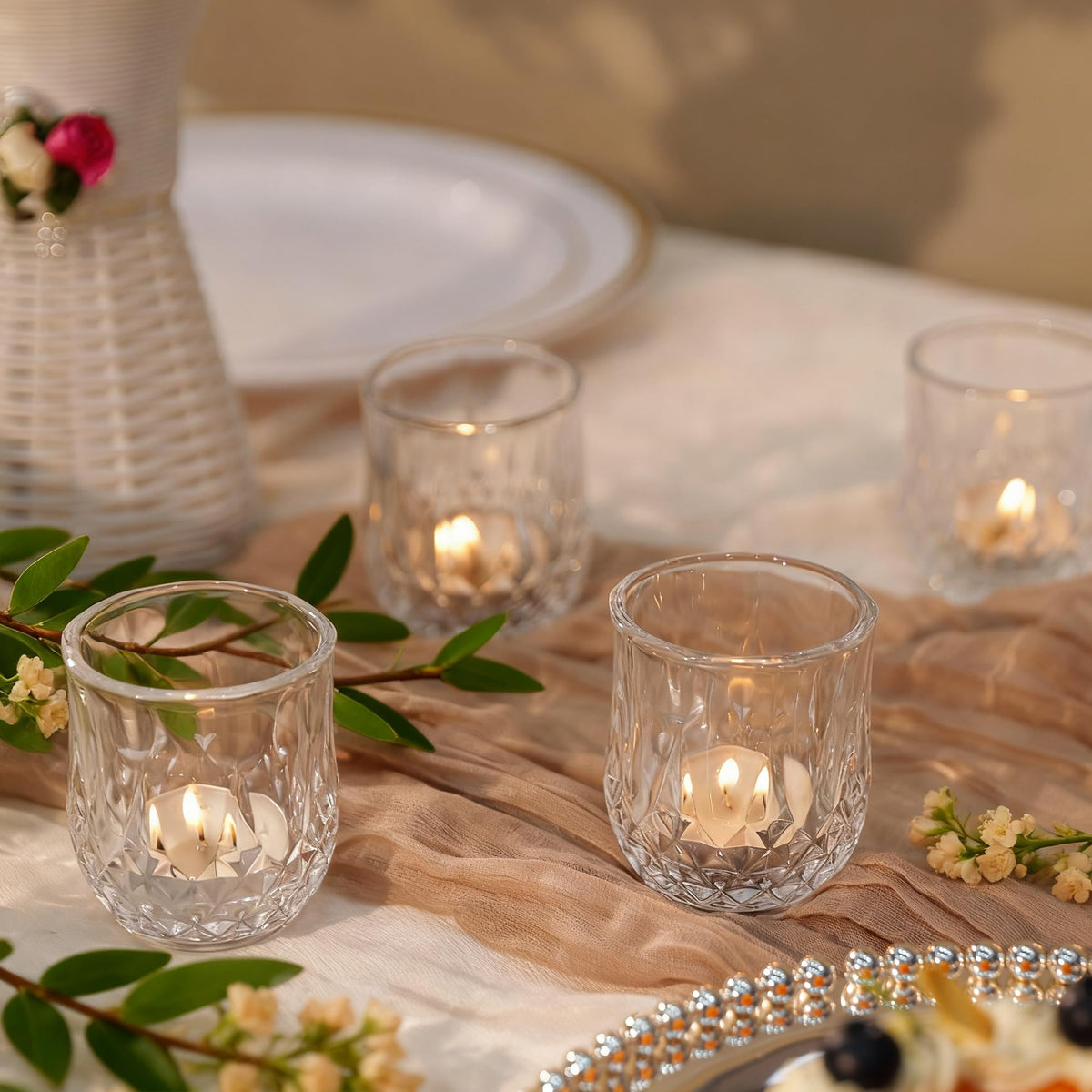12 Pcs Votive Candle Holders, Clear Glass Tea Lights Candle Holder in Bulk for Table Centerpiece, Tealight Candle Holders for Wedding, Party, Home, Bridal Shower, Birthday