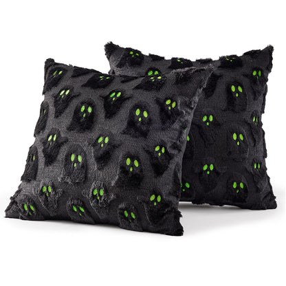 MIULEE Halloween Pillow Covers Cute Ghost Spooky Throw Pillows Set of 2 Soft Plush Faux Fur Decorative Cushion Covers for Couch Sofa Bed Porch Living Room Halloween Decor 18x18 inch Black