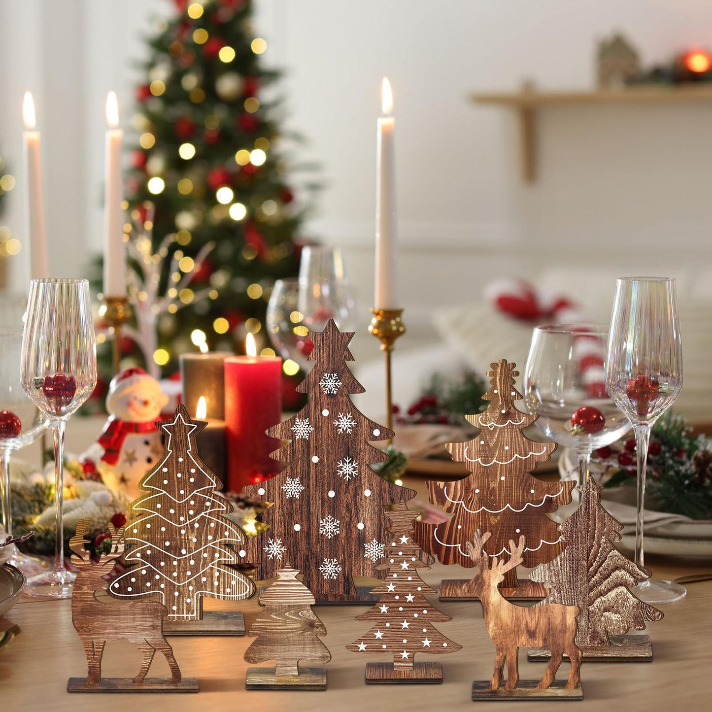Barydat 8 Pcs Christmas Table Decorations Wooden Christmas Pine Tree Reindeer Table Centerpiece Xmas Winter Tabletop Signs Rustic Farmhouse Decor for Home Office Desk Party Favors (Rustic)