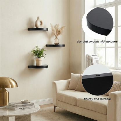 MITREL Small Wood Floating Shelves (2-Pack, 6-inch Diameter) - Round Sturdy Invisible Wall Mount Display for Small Plants,Toys,Bathroom,Living Room Storage & Modern Rustic Décor (Black)