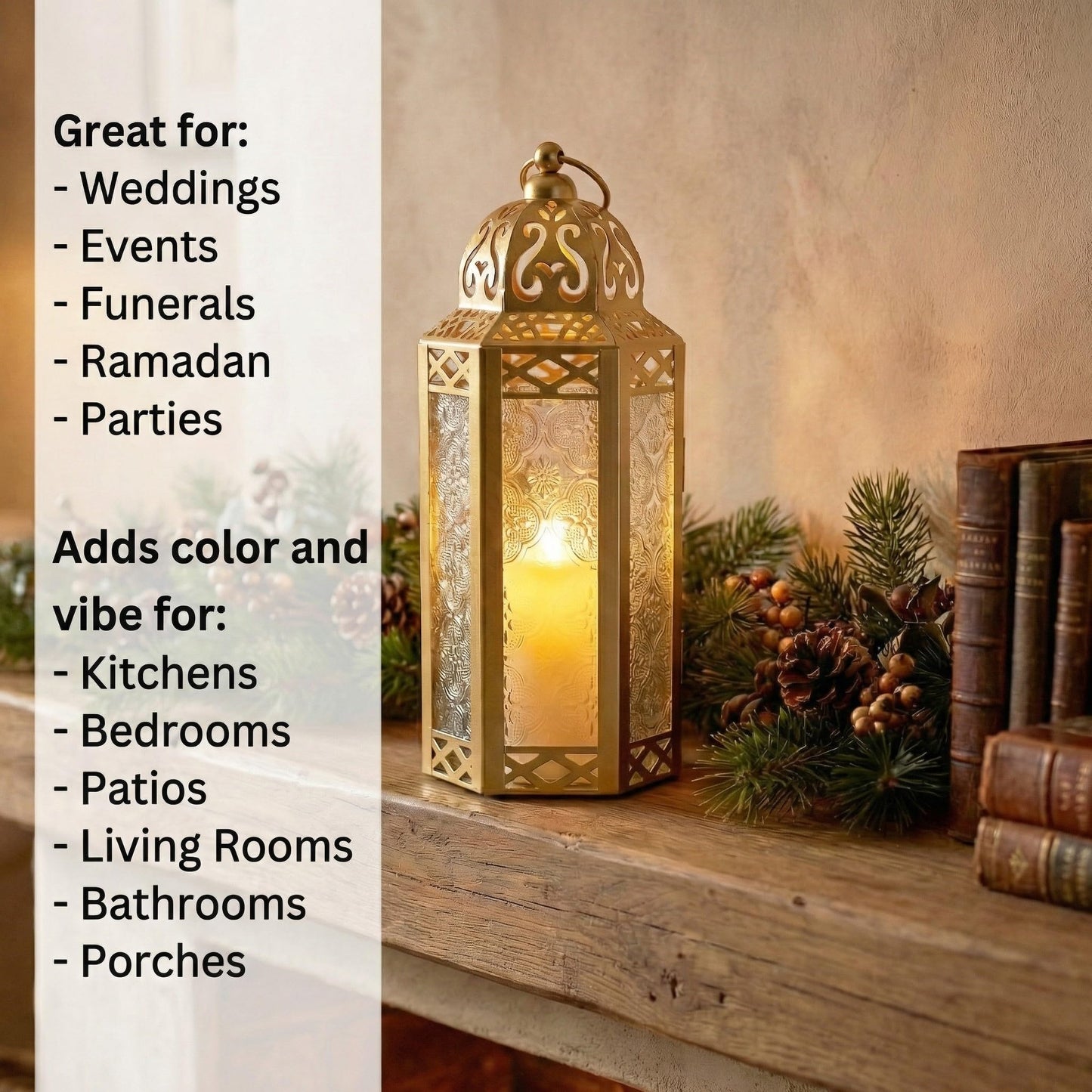 Vela Lanterns Decorative Indoor Moroccan Candle Holders, Gold, M, 2-Pack