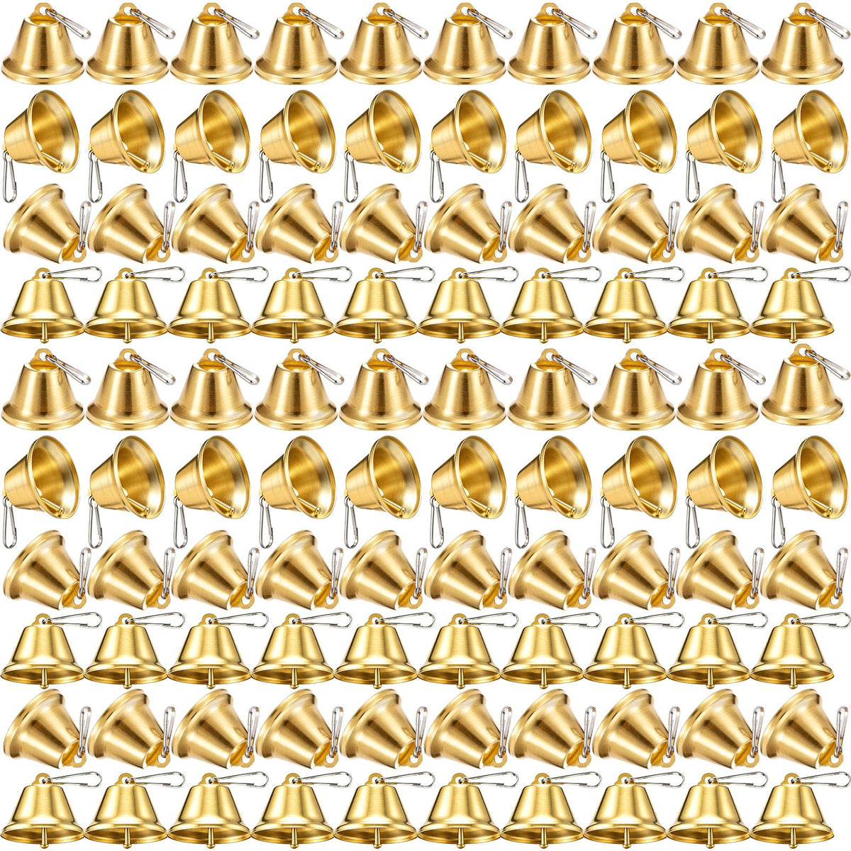 Shimeyao 100 Pieces Gold Bells 1.5 x 1.57 Inch Ornament Small Bells with Spring Hooks for Craft Wind Chimes Dog Potty Training Doorbell Wedding Decor Craft Making Hanging Favor