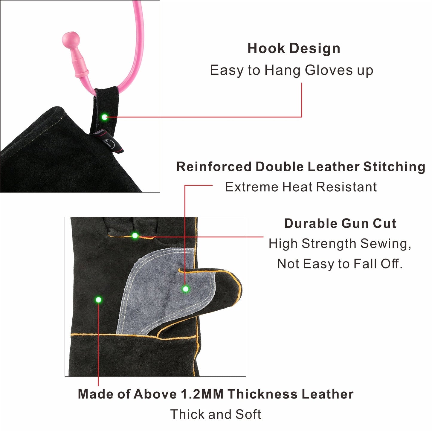 Kim Yuan Extreme Heat & Fire Resistant Gloves Leather with Kevlar Stitching,Perfect for Fireplace, Stove, Oven, Grill, Welding, BBQ, Mig, Pot Holder, Animal Handling, Black-Grey 16in/40cm 1 Pair