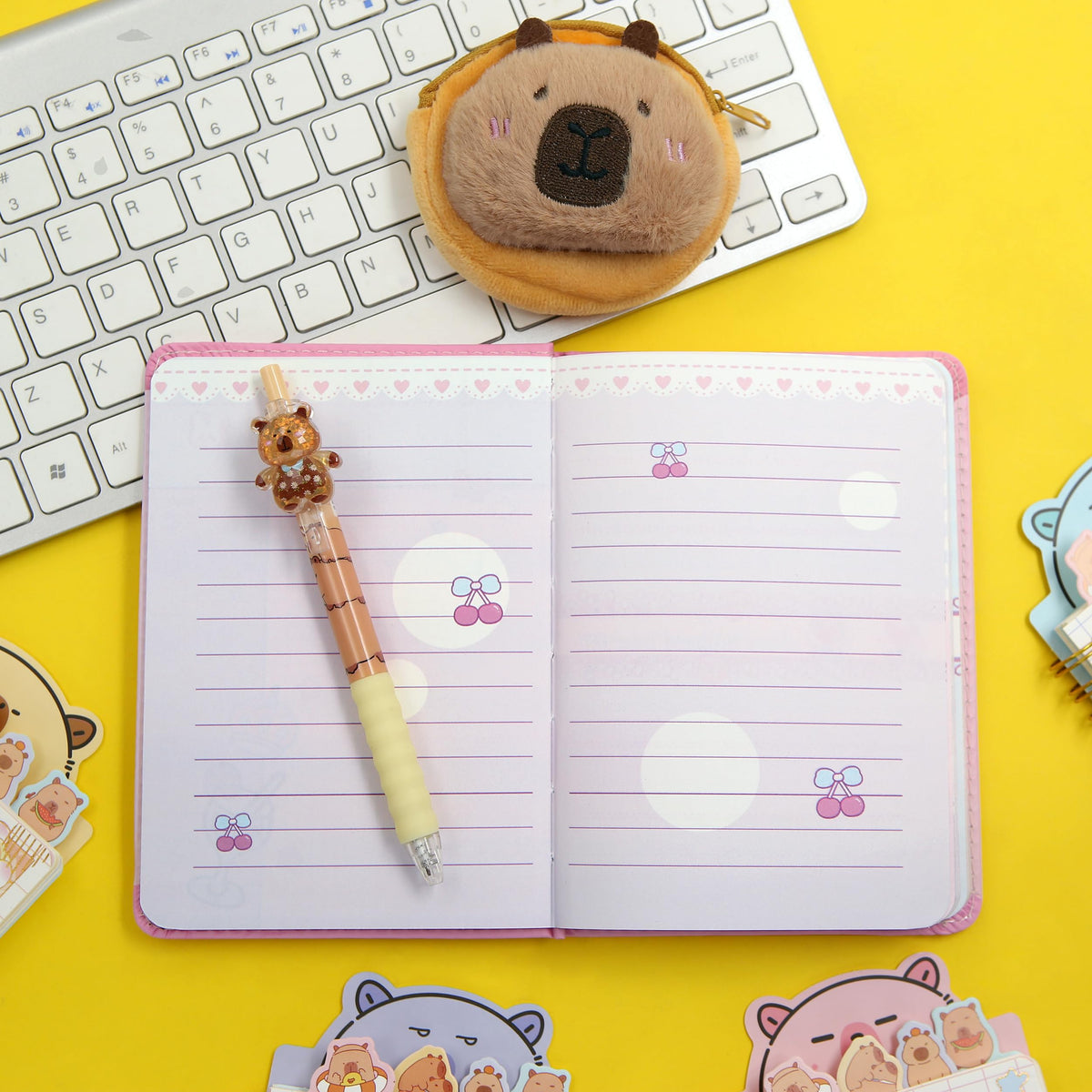2 in 1 Plush Capybara Theme Stationery Gift Box Set,A6 Cute Pink Cartoon Animal Capybara Notebook Journal Memo Pads Notepad Soft Furry Diary with Pen Small Bag for Birthday Kids Girls Office School
