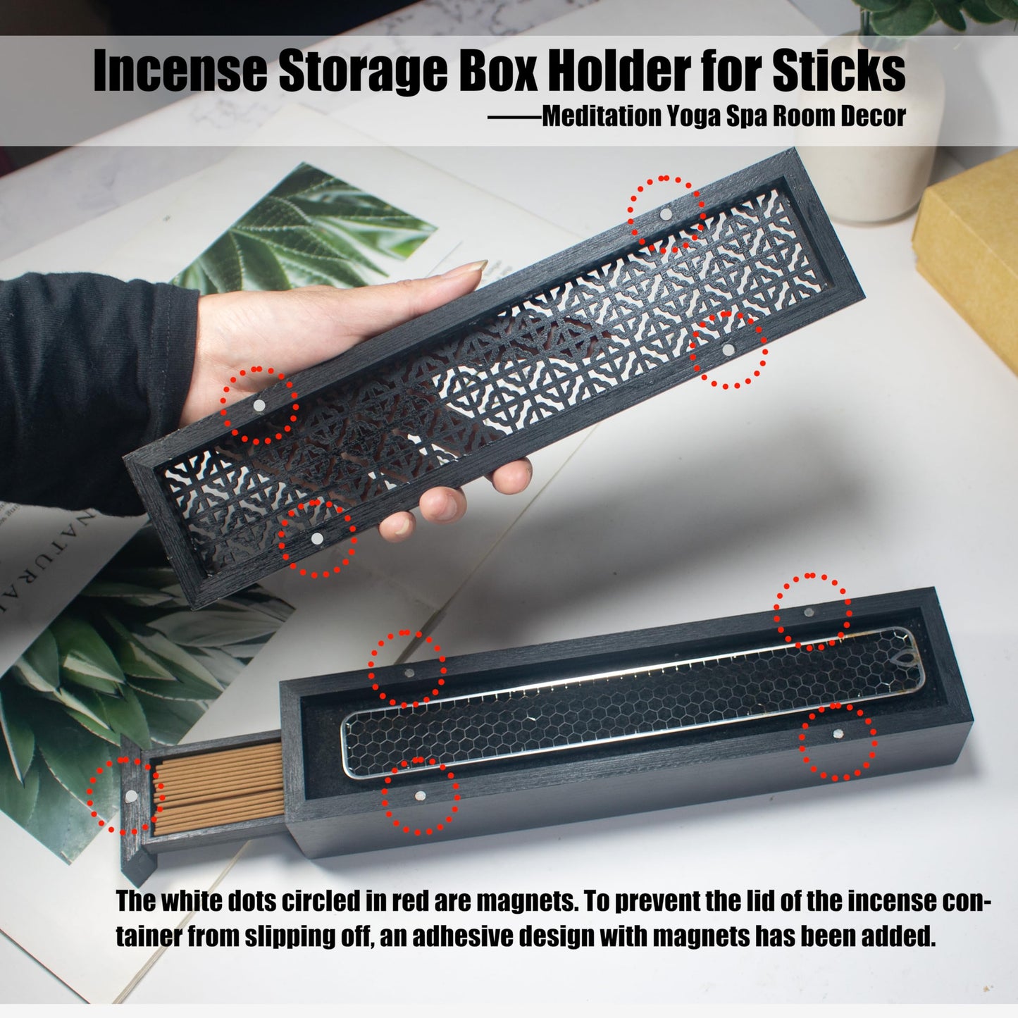 Incense Holder with Storage,Incense Holder Burner,Incense Box,Coffin Incesne Holder for Sticks, Wooden Incense-Stick Holder Ash Catcher for Home Meditation,Yoga,Bedroom,Studyroom,Office Decor(Black)