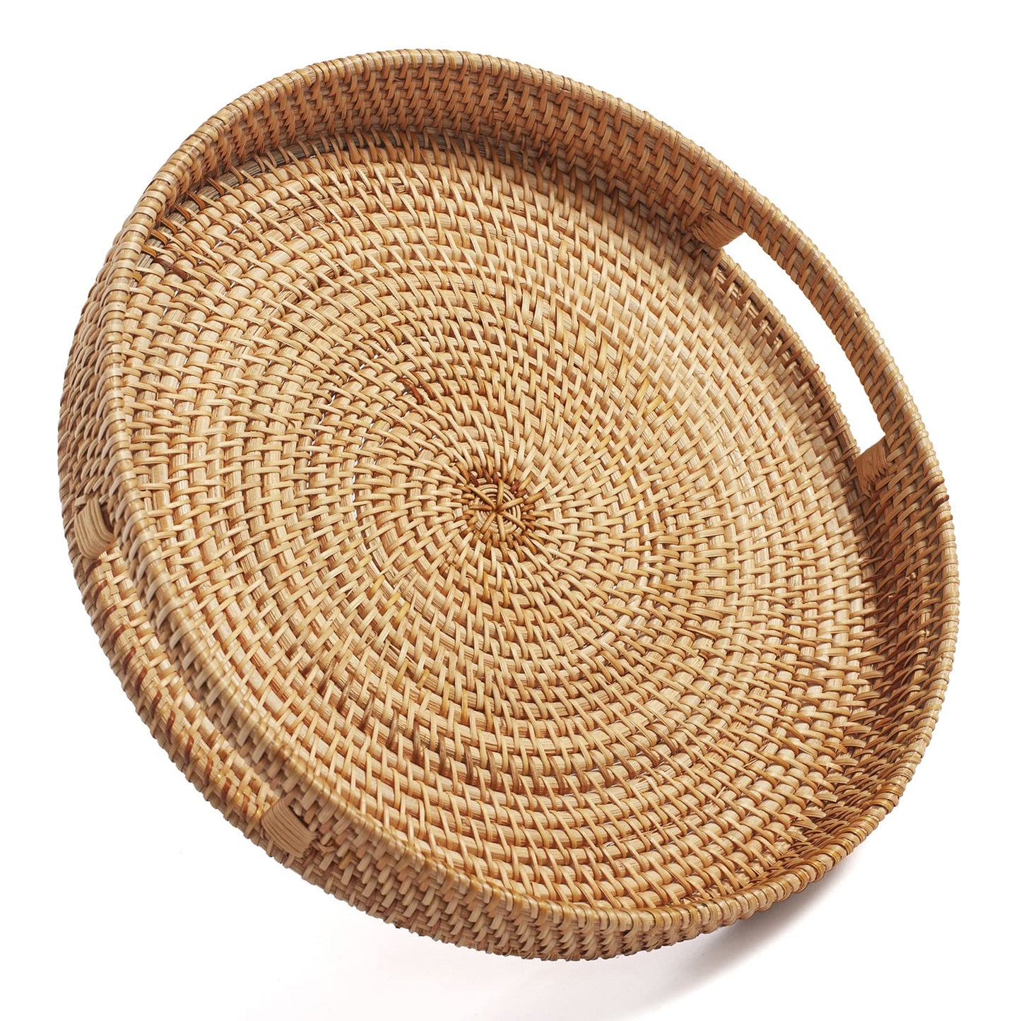 Coffee Table Tray Round Rattan Ottoman Tray Woven Serving Trays with Handles for Home and Kitchen Decorative Natural (Large 14 inch x 2.4 inch)