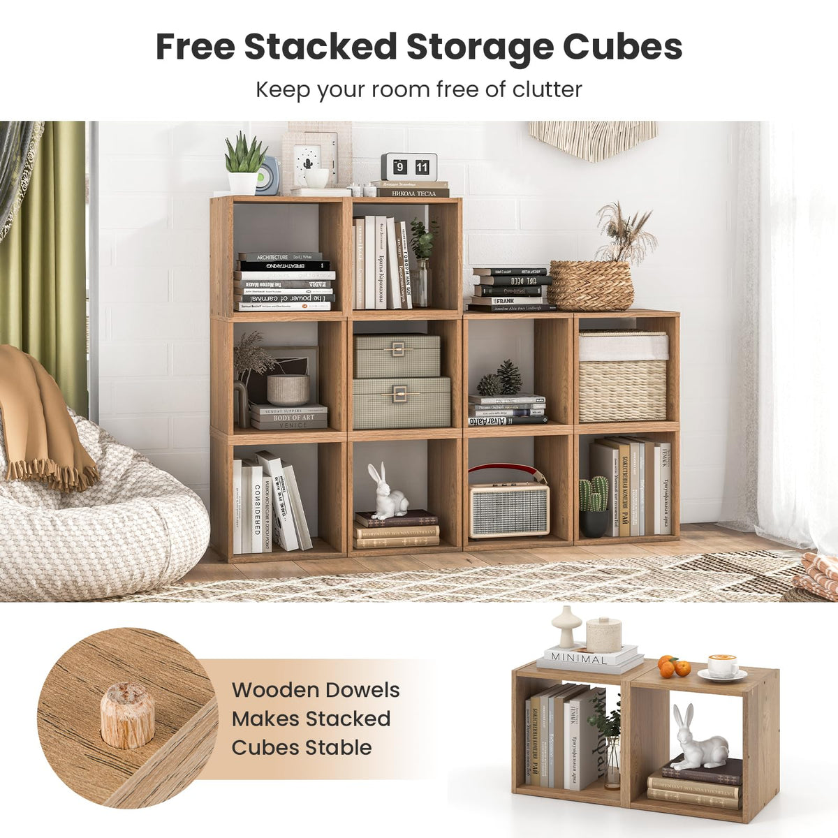Giantex 2 Cube Bookshelf Organizer, 2-Tier Stackable Cube Storage Organizer, Small Wooden Open Book Shelf with Anti-toppling Device, Wood Floor Standing Display Shelving Bookcase, Natural