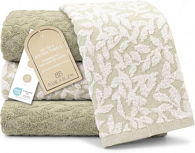 MosJos 4 Pack Hand Towels, Cotton Sage Green and White Floral Kitchen Towel