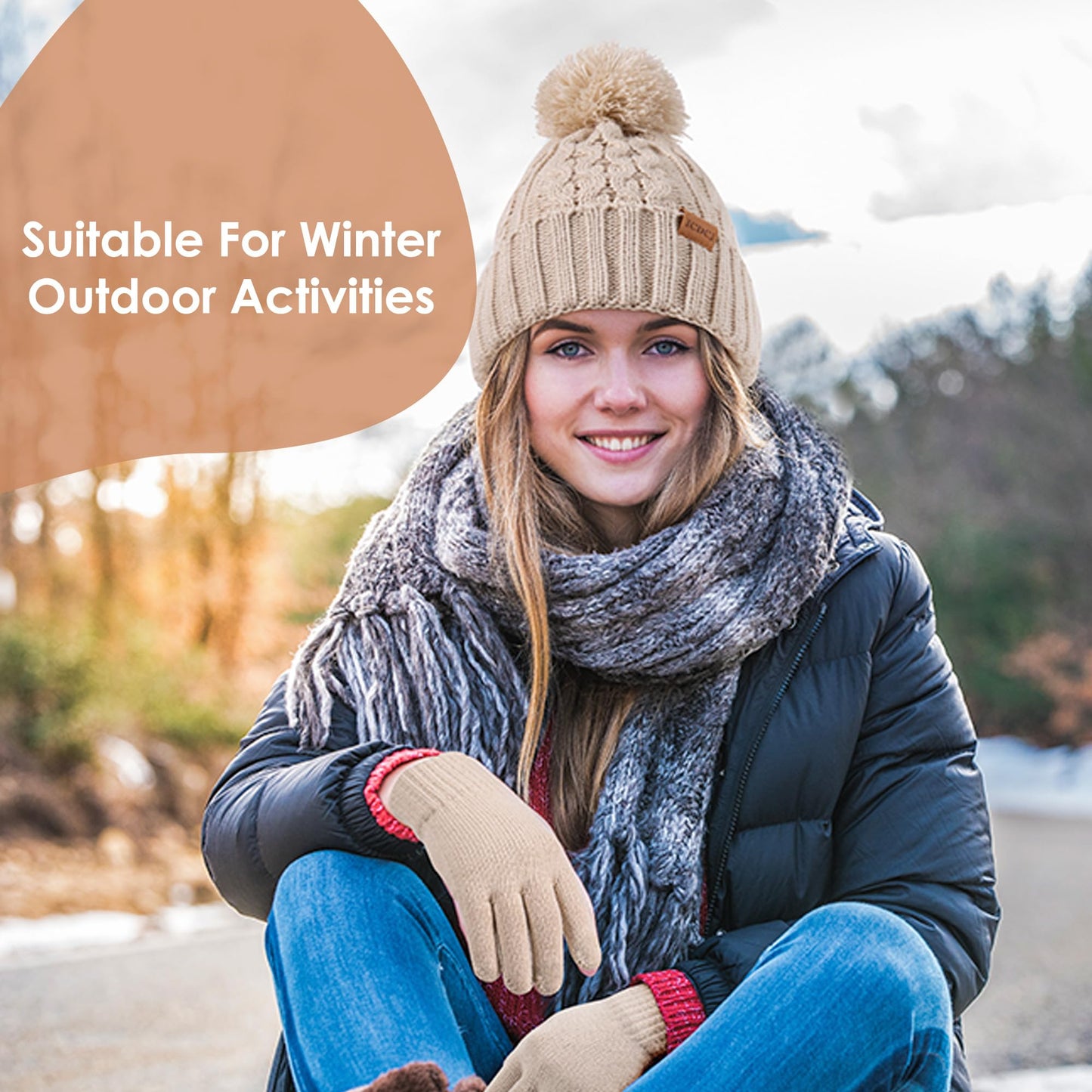 Women Winter Knit Warm Hat Beanie Gloves Set Pom Fleece Lined Hat with Touchscreen Gloves