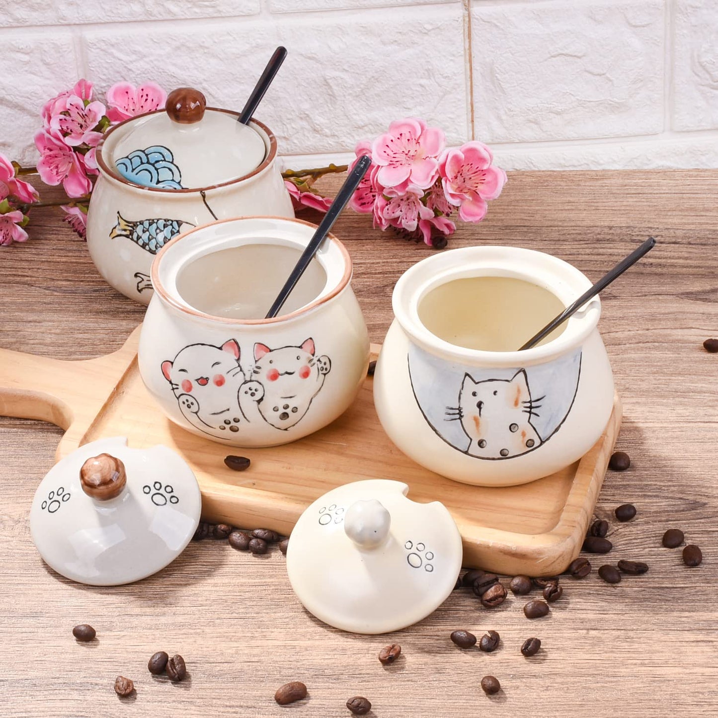 LMRLCS Ceramic Sugar Bowl with Lid and Spoon, Japanese Sugar Bowl with Spoon and Lid (Style 2)