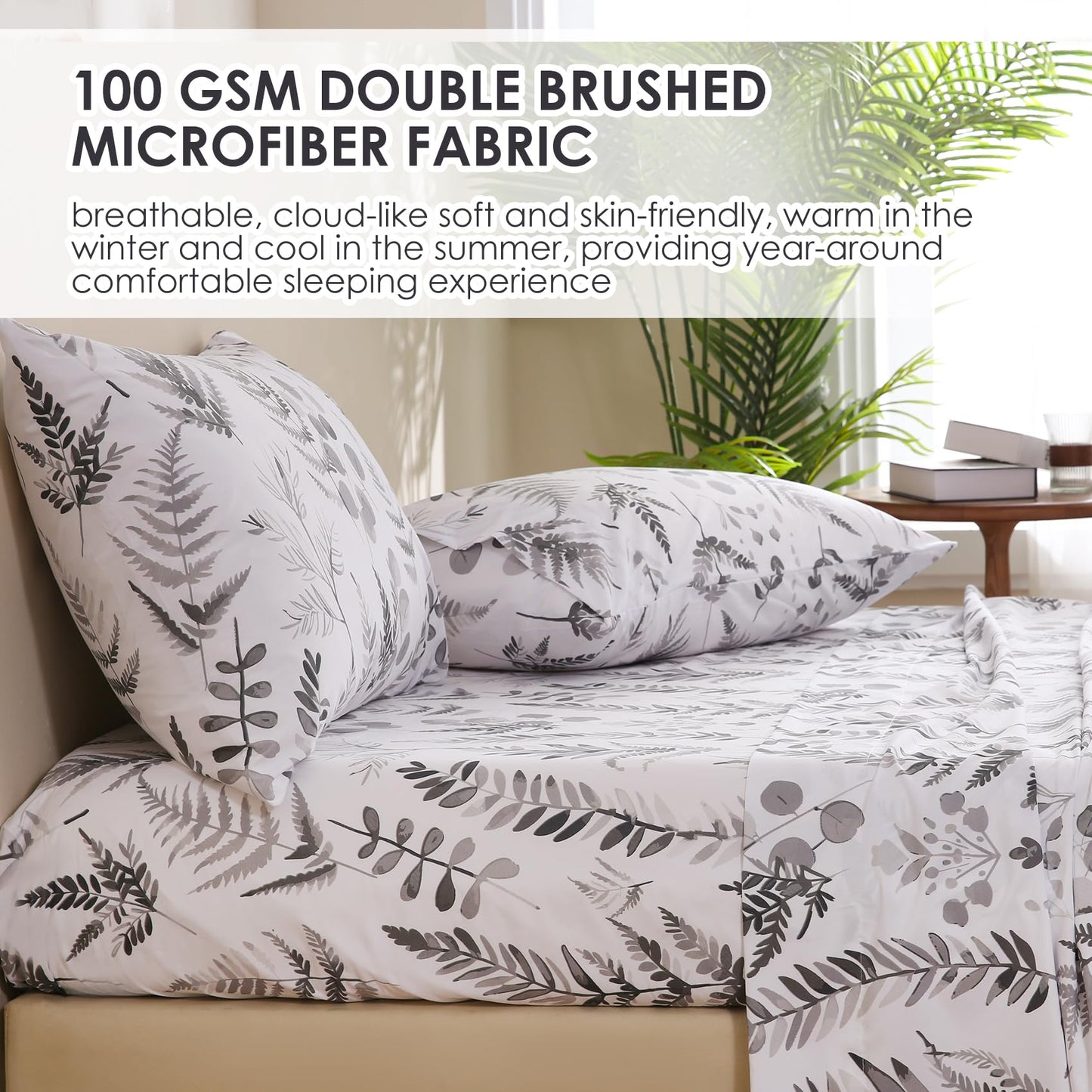 JSD Boho Floral Sheet Set Full Size, 4 Piece Grey Herbs Ferns Printed Microfiber Bed Sheets Deep Pocket
