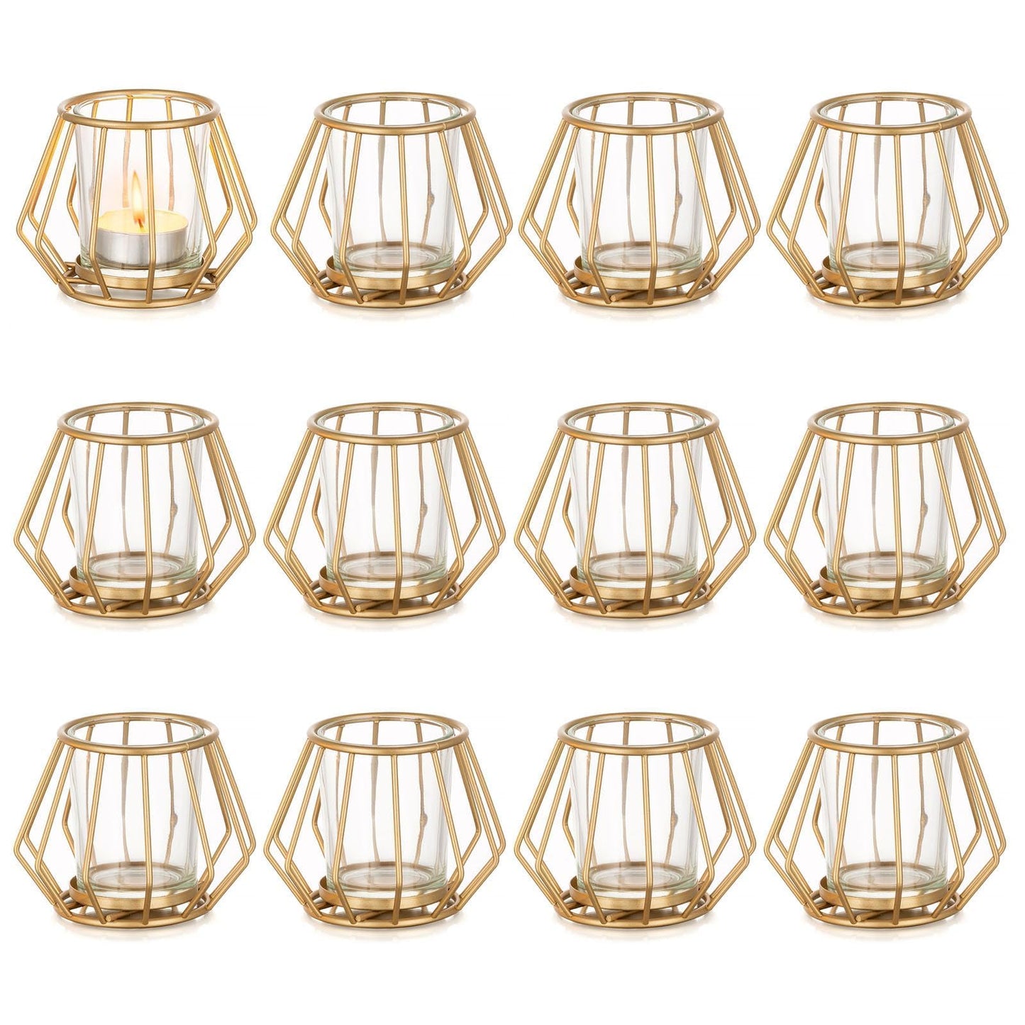 Geometric Tea Light Candle Holders - Wedding Centerpiece for Tables Morden Metal Votive Tealight Candles Stand with Glasses Coffee Home Room Decor Wedding Party Birthday Decoration, Gold 12 pcs