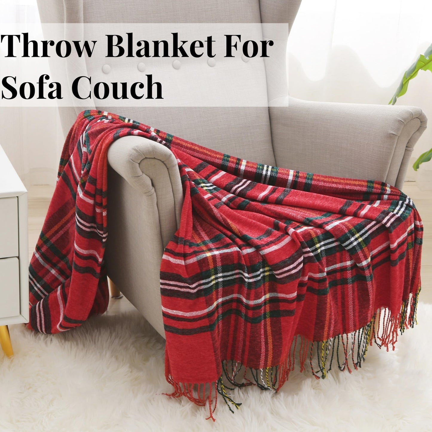 Saukiee Christmas Blanket Plaid Throw Blanket for Couch with Tassels Tartan Chenille Throw Fringe Sofa Bedroom Christmas Blankets and Throw Decor 50 * 60inch