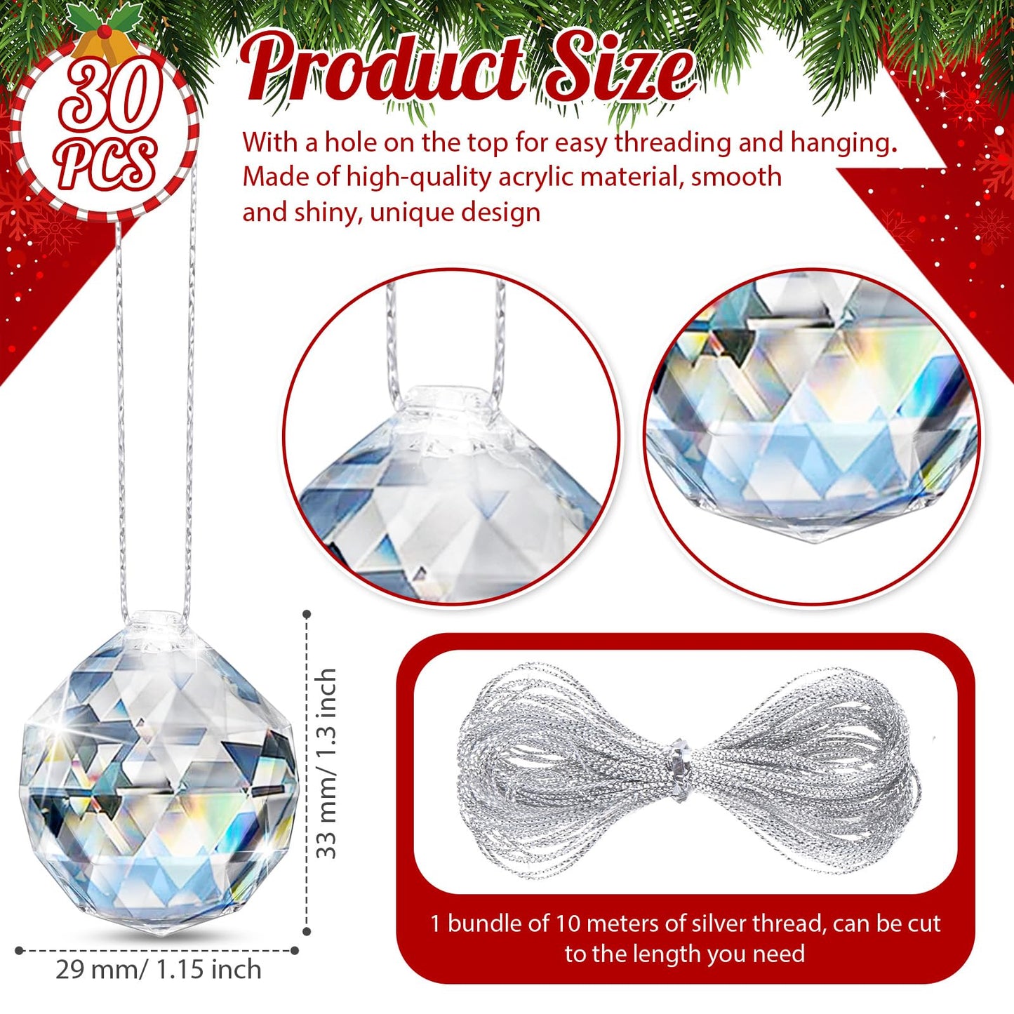 Wettarn 30 Pcs Acrylic Crystal Christmas Balls Ornaments, Clear Crystal Glass Christmas Diamond Ornaments Raindrops with Silver Thread for Hanging Decorations(Classic)