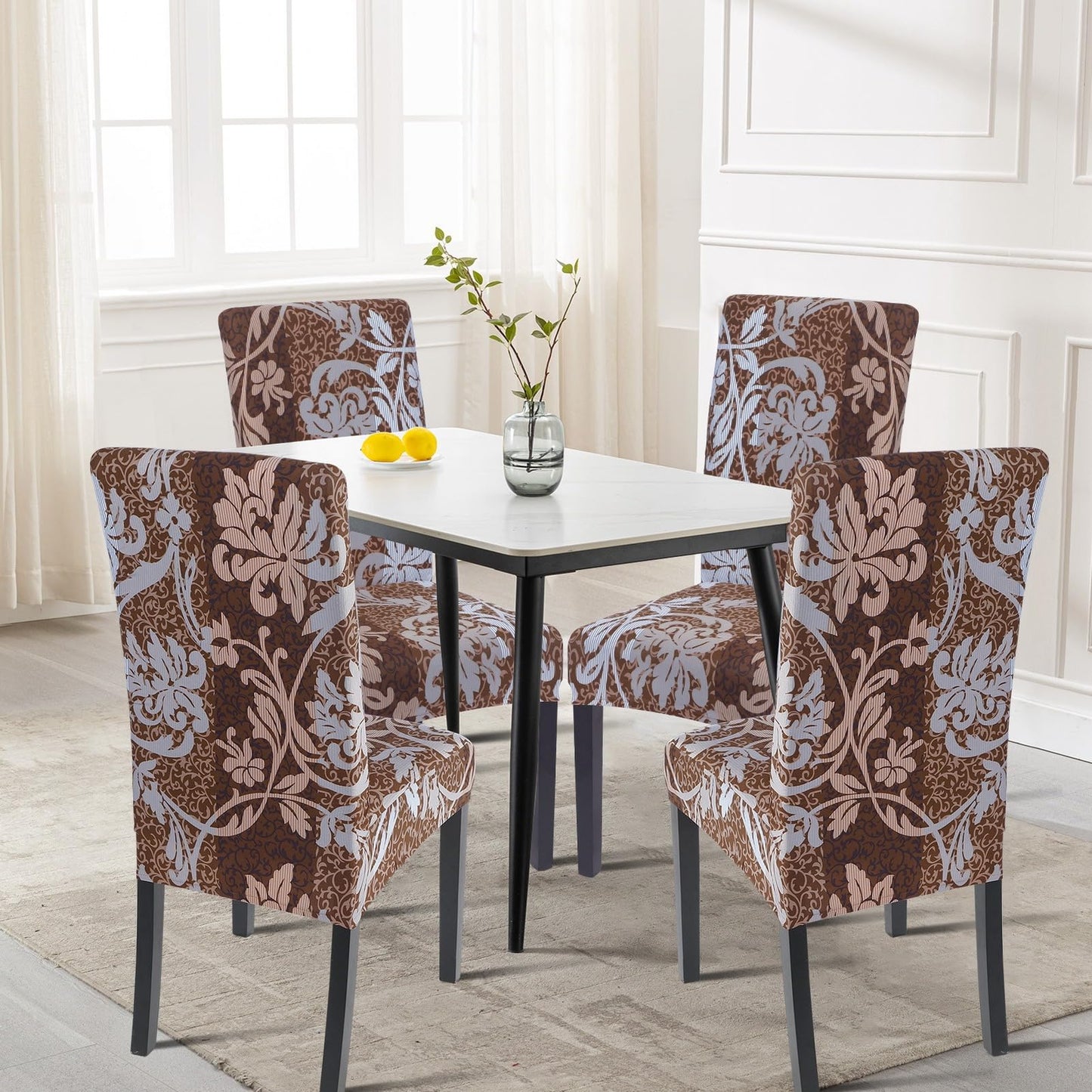 SearchI Dining Room Chair Covers Set of 4, Stretch Printed Parsons Chair Slipcovers Removable Washable Kitchen Chair Protector Cover for Dining Room, Hotel, Ceremony (Brown+Flower)