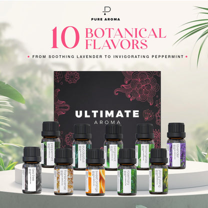 Essential Oils by Ultimate Aroma Top 10 Aromatherapy Oils Gift Set - Lavender/Tea Tree/Eucalyptus/Peppermint/Lemongrass/Sweet Orange/Bergamot/Frankincense/Rosemary/Ylang Ylang (10ml).