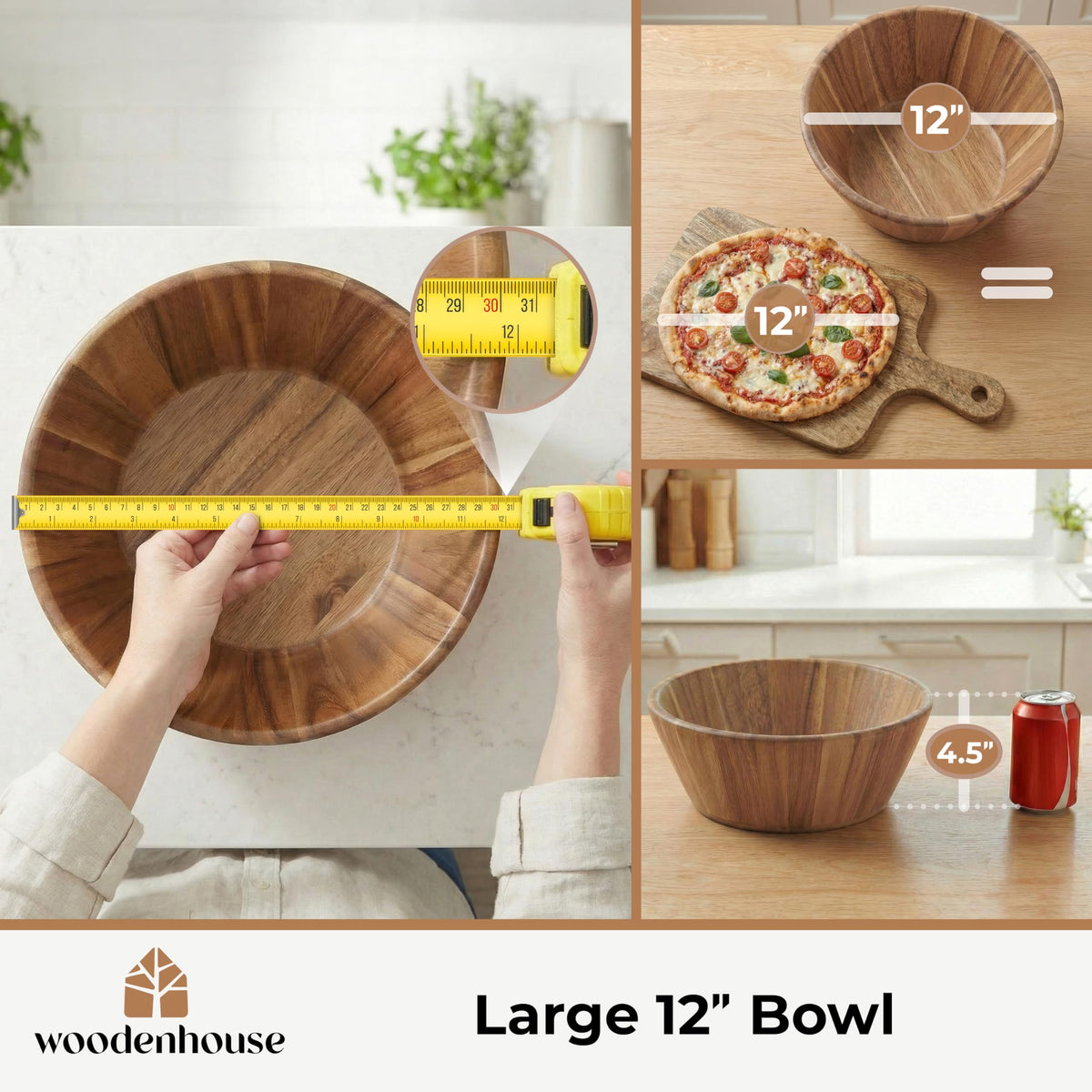 Woodenhouse Wooden Salad Bowl, Salad Bowl, Wooden Bowl - 12" Round Design Fruit Bowl, Handmade, Durable and Stylish Natural Wood Dining Accessory