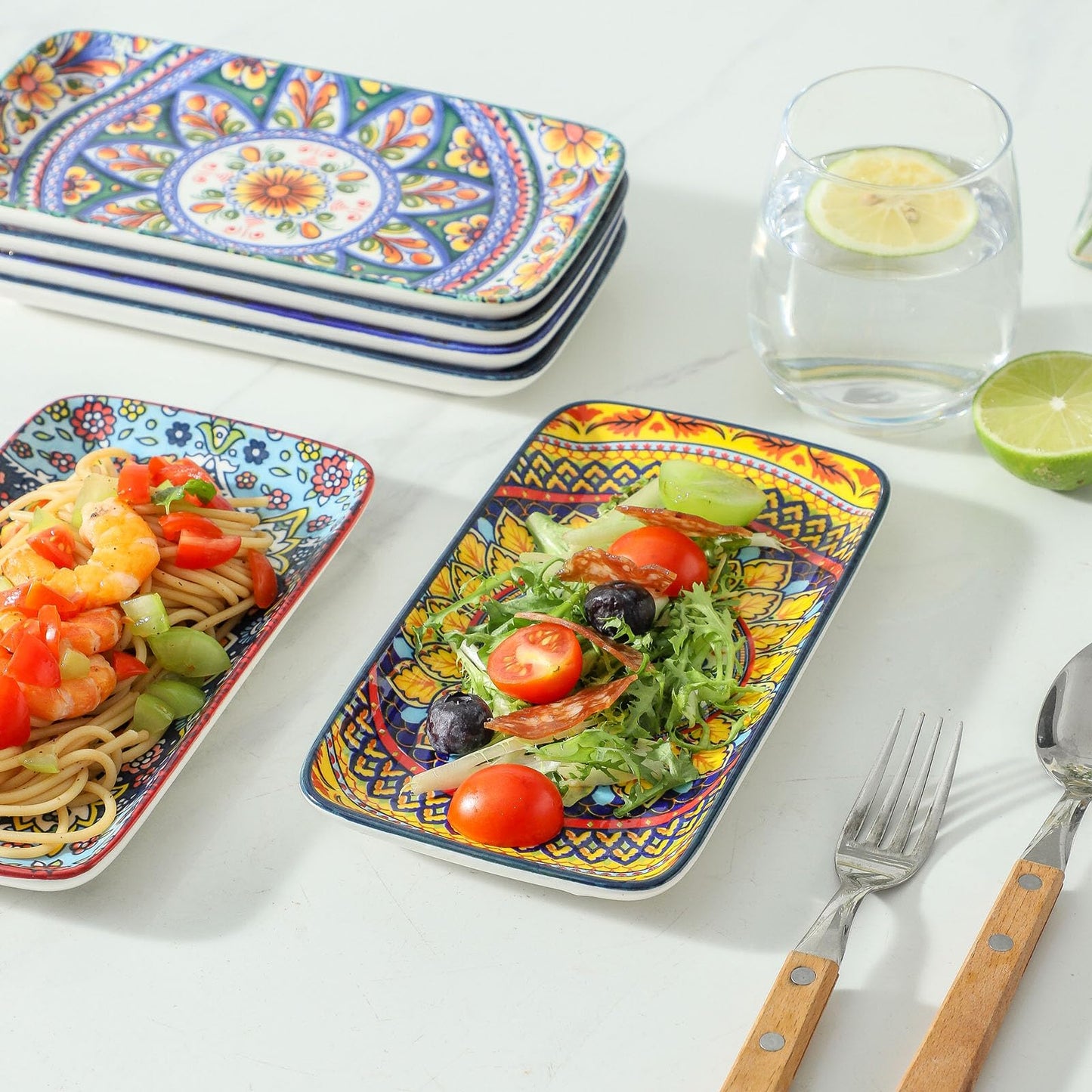 glowworm Porcelain Appetizer Plates Set of 6, 8.5 Inch Salad Plates for Sushi, Dessert, Rectangular Serving Platters, Serving Tray for Party, Kitchen, Microwave & Oven Safe, Bohemian