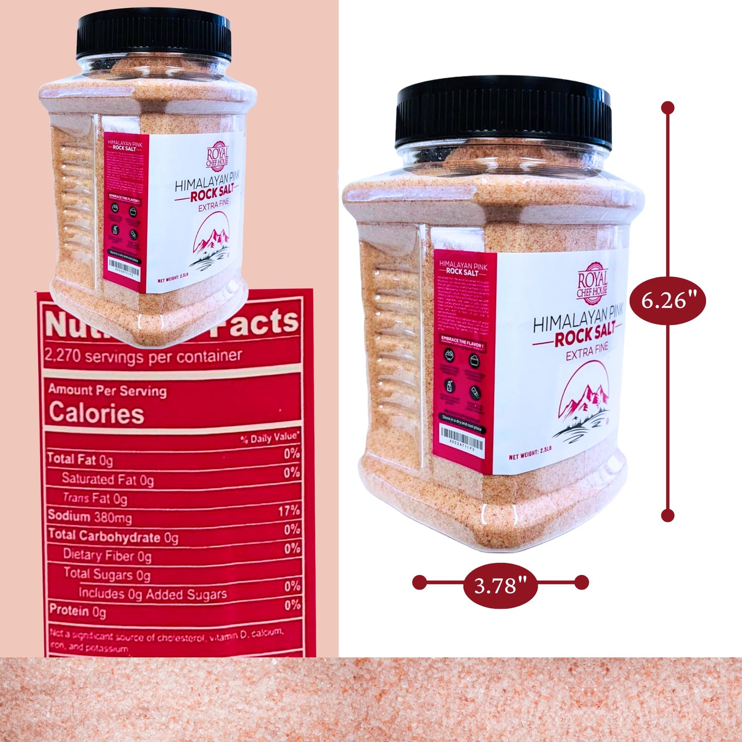 RoyalHouse, Himalayan Extra Fine Pink Salt - 2.5 lbs Extra Fine Bulk in Jar, Pure Gourmet Crystals, Natural - Contains 84 Minerals, Suitable for Body Bath Scrubs, Table Salt - Kosher