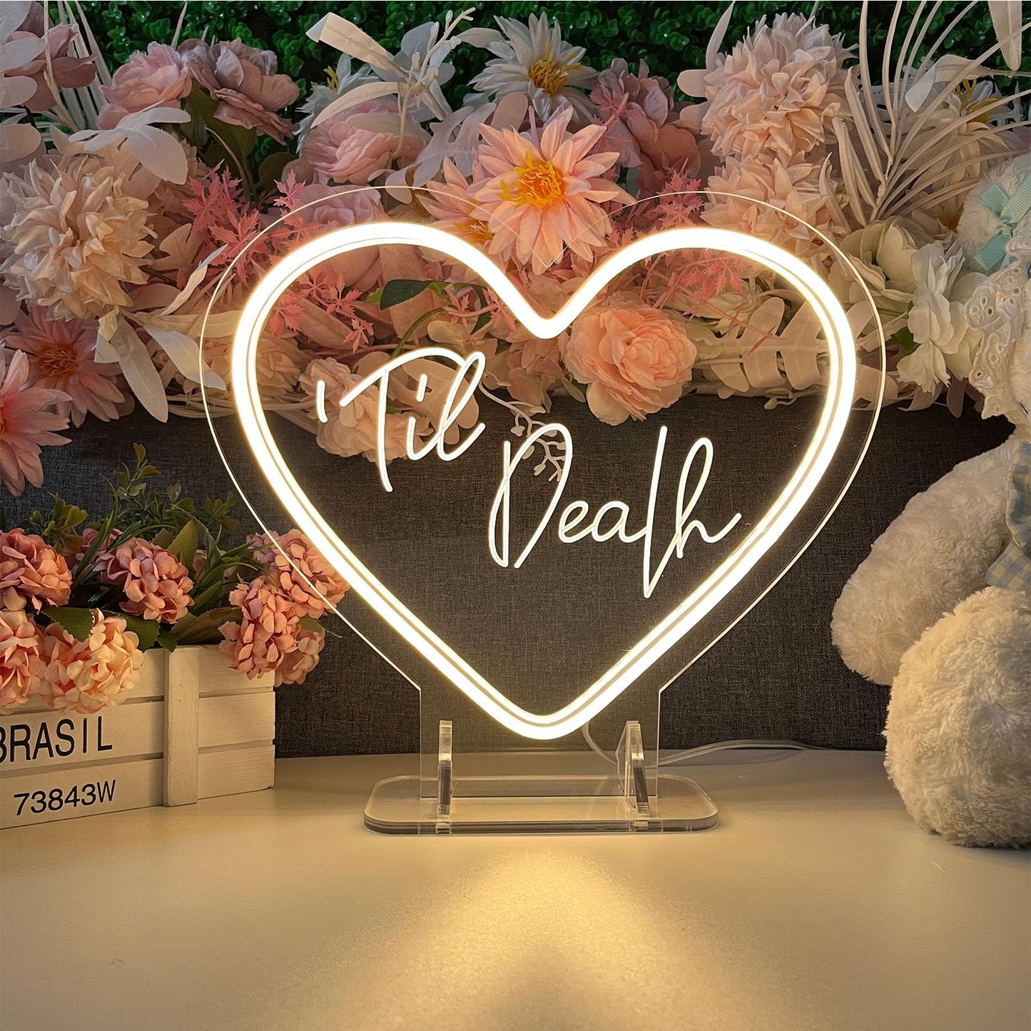 Til Death Neon Sign Desk Lamp for Wall Decor Night Light Wedding Letter LED Neon Sign Wedding Table Decorations Neon Light Bedroom Home Room Decor Christmas Party Warm White USB 30×26CM