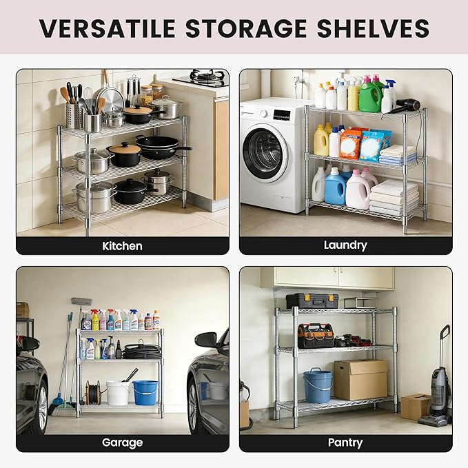 Xcity Storage Shelves, 3 Tier Heavy Duty Metal Shelving Unit, 1200 LBS Capacity Adjustable Steel Wire Shelf Organizer for Pantry, Kitchen, Garage, 14" D x 36" W x 36" H, Chrome