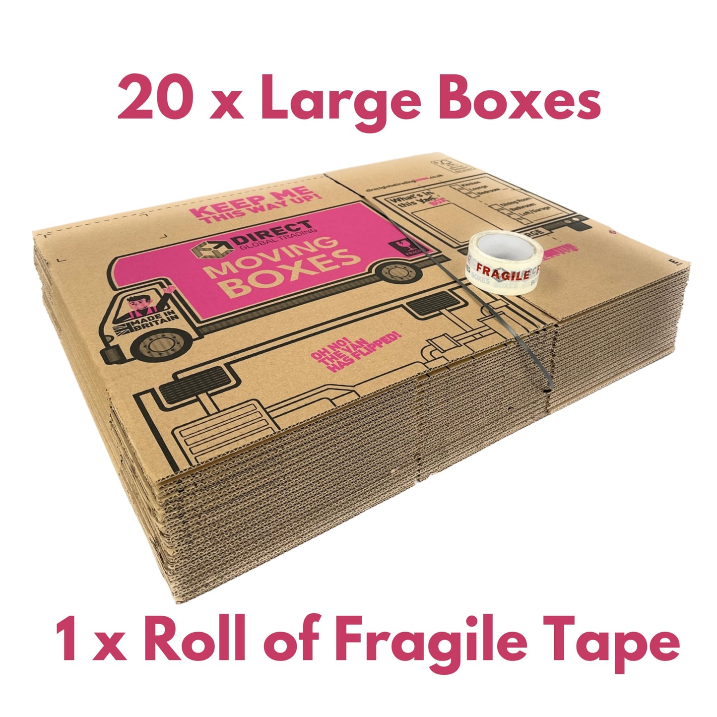 20 Strong Large Cardboard Storage Packing Moving House Boxes with Fragile Tape 52cm x 30cm x 30cm 47 Litres Carry Handles and Room List