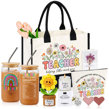 FINELOVE Teacher Appreciation Gifts for Women: 9 Pcs Teacher Gift Set with Large Functional Canvas Tote Bag & 16oz Glass Cup Thank You Gifts for Teacher Retirement, Back to School, Birthday, Christmas