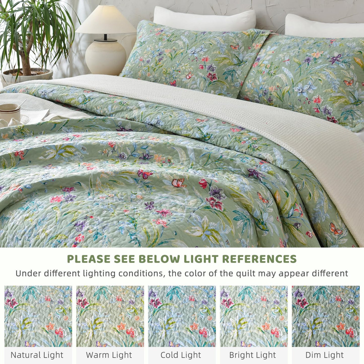 Sanracie Cotton Quilt Queen Size(90"x98")-Green Floral Quilted Bedspreads Set,3pcs Green Flower Bird Butterfly Print Botanical Quilt Bedding Coverlet Summer Soft Lightweight Aesthetic Bedding