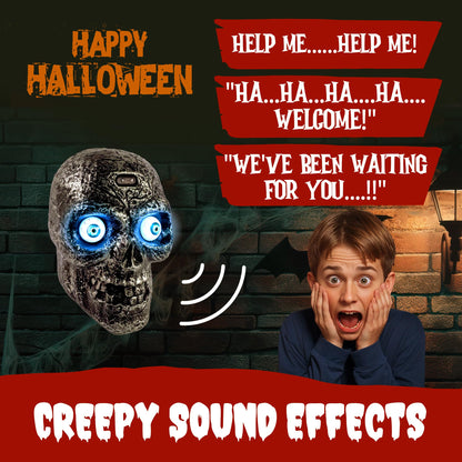 Sound Activated Skull with Light Up Eyes and Creepy Sounds - Halloween Party Prop Spooky Decoration for Haunted House, Indoor Decor