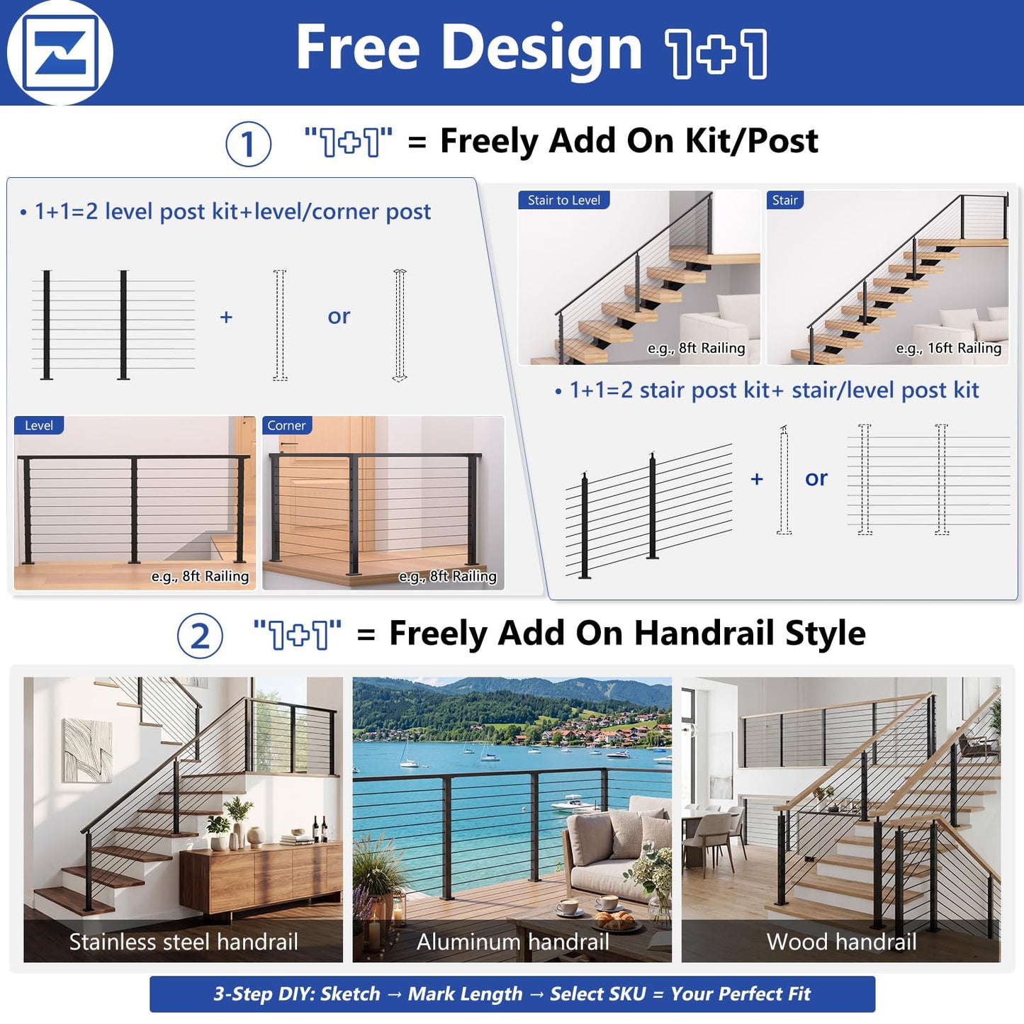 Zylorix 36" Modular 12-16FT Black T304 Cable Railing Post Kit, Complete Cable Railing System with 4 Level Posts & 177ft 1/8" Wire Rope(No Handrail), Adjustable Length Easy DIY for Decks/Porch
