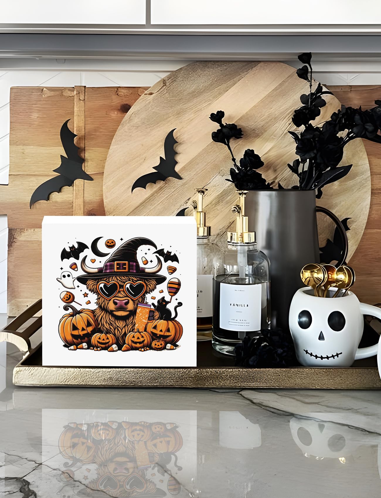 Foritho Funny Halloween Witch Highland Cow Wooden Box Sign Plaque, Halloween Wood Signs for Home Office Desk Shelf Table Decor, Witchy Halloween Decor, Halloween Decorative Signage,5x5 Inch