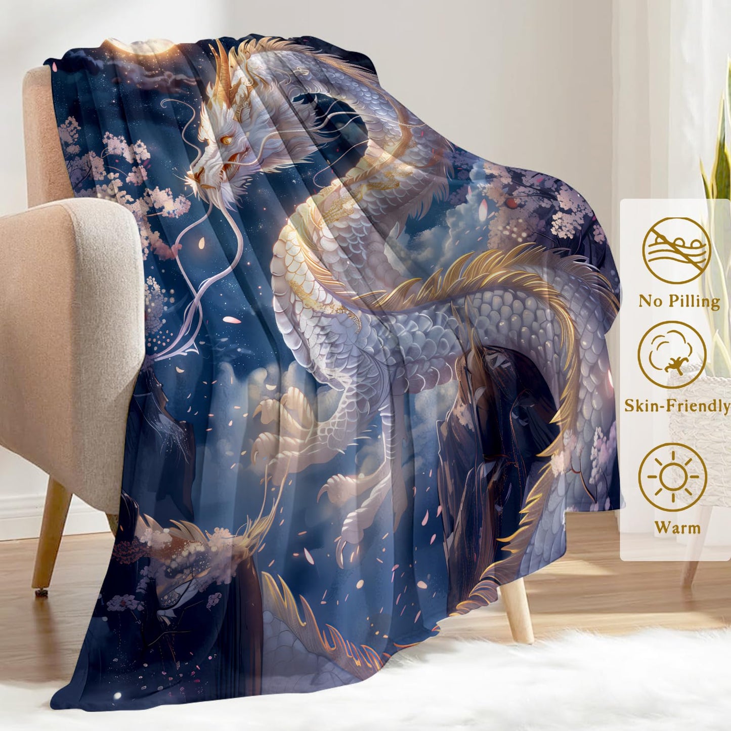 ainori Cool White Dragon Flannel Blanket - Mystical Moon and Cherry Blossom Throw,Gifts for Women & Animal Lovers, Ultra Soft & Warm,Lightweight,for Couch Bedroom Living Room Boho Decor 50x60in