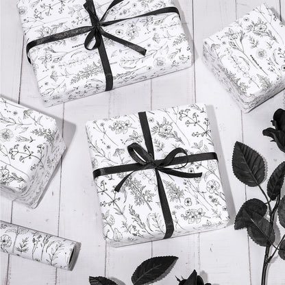 FYSUIMU Vintage Wildflower Wrapping Paper Mini Roll 17 In x 32.8 Ft Spring Black White Floral Gift Wrap Botanical Flower DIY Art Crafts Paper for Wedding Baby Shower Birthday Holiday Party
